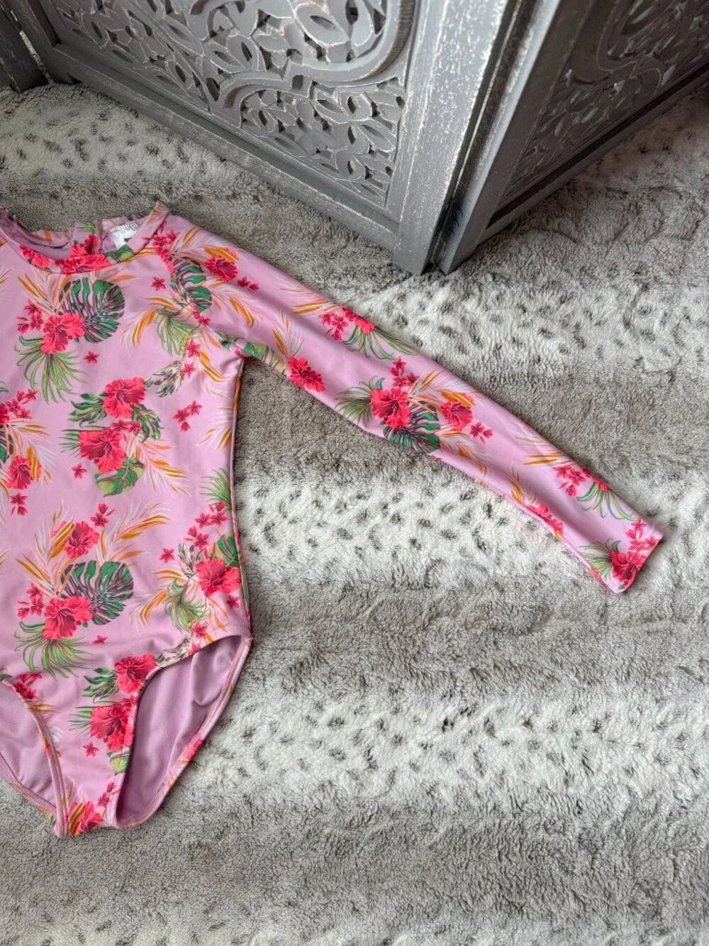 Art Class pink long sleeve swimsuit girls large tropical floral summer beach